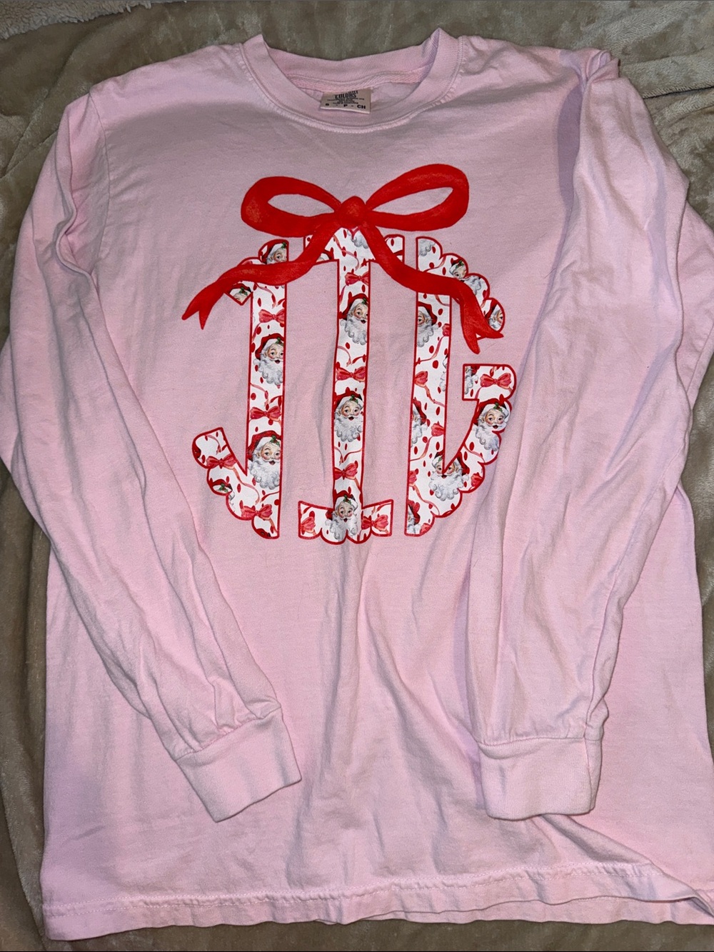 Pink Christmas Monogram Long-Sleeve Top with Red Bow